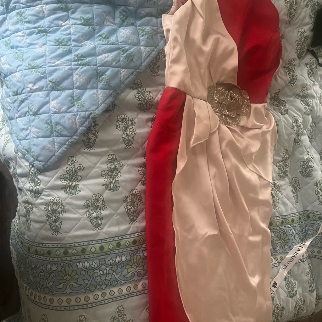 Two-Tone Satin Dress With Floral Belt Accent